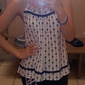 Summer blue patterned white tank top